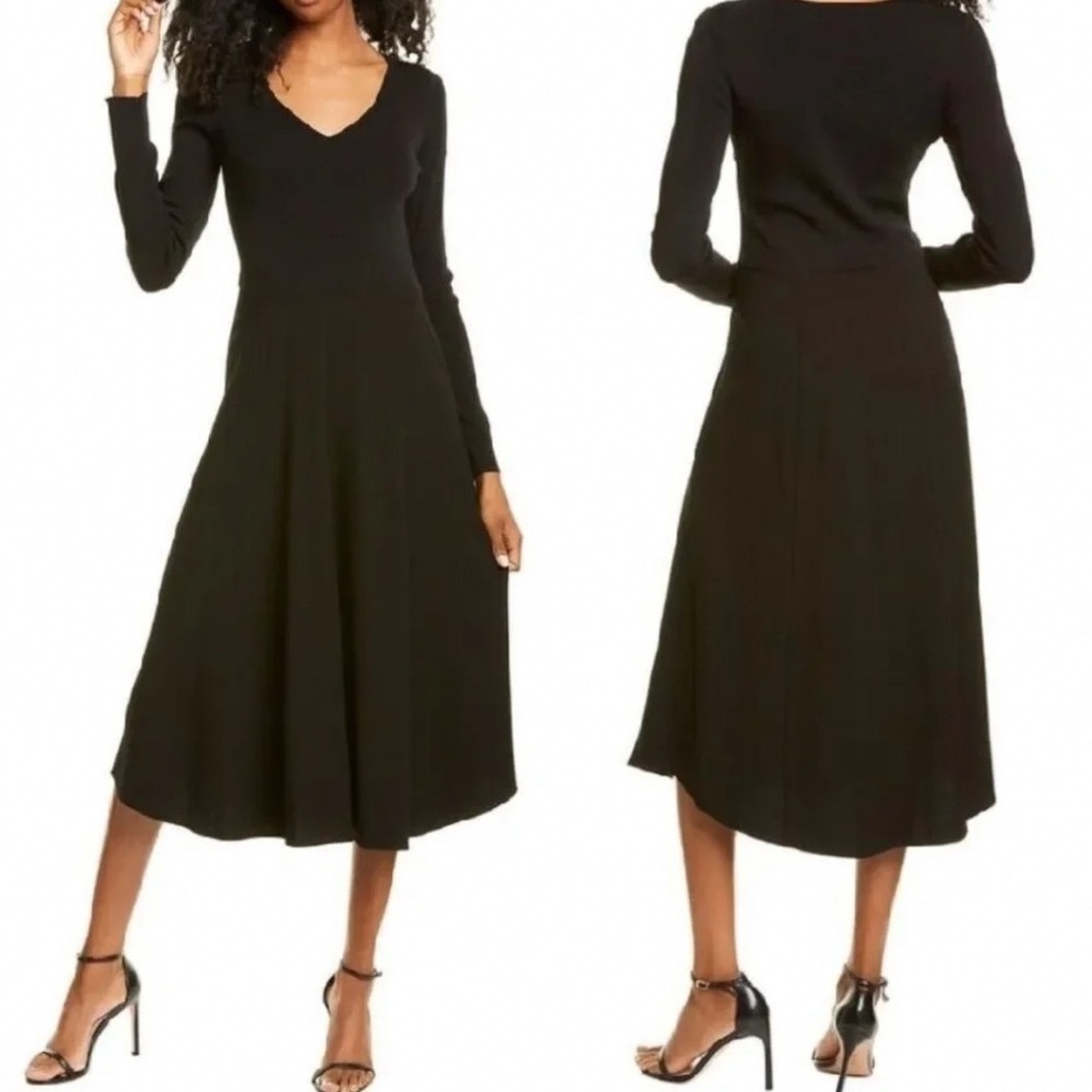 Vince Black Long Sleeve V-Neck Knit Midi Dress Fit and Flare Size L
